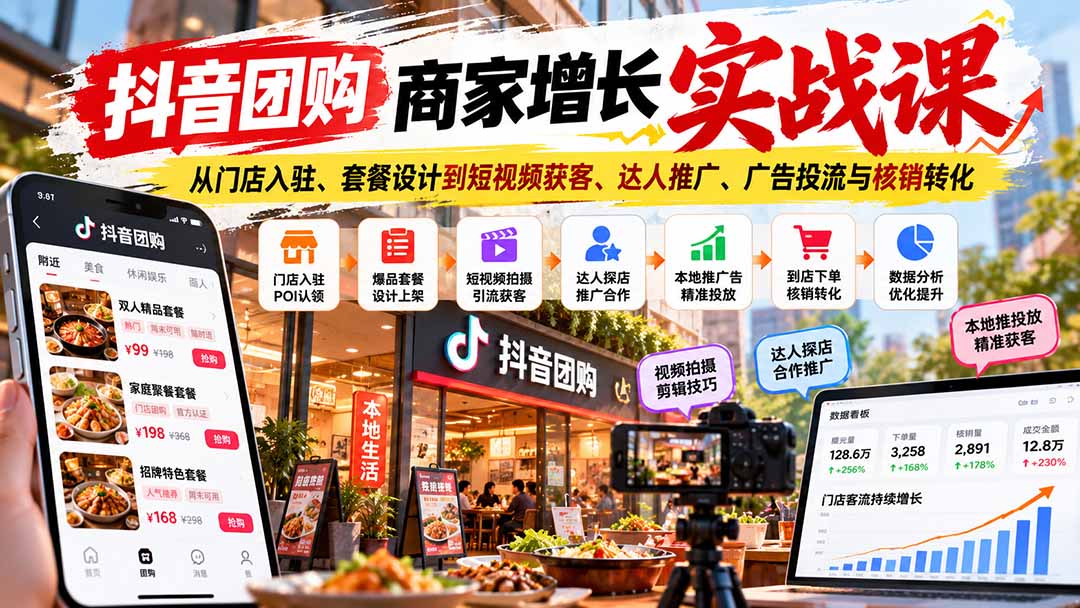 (20813期)抖音团购商家增长实战课:从门店入驻、套餐设计到短视频获客、达人推广、广告投流与核销转化-网赚副业网