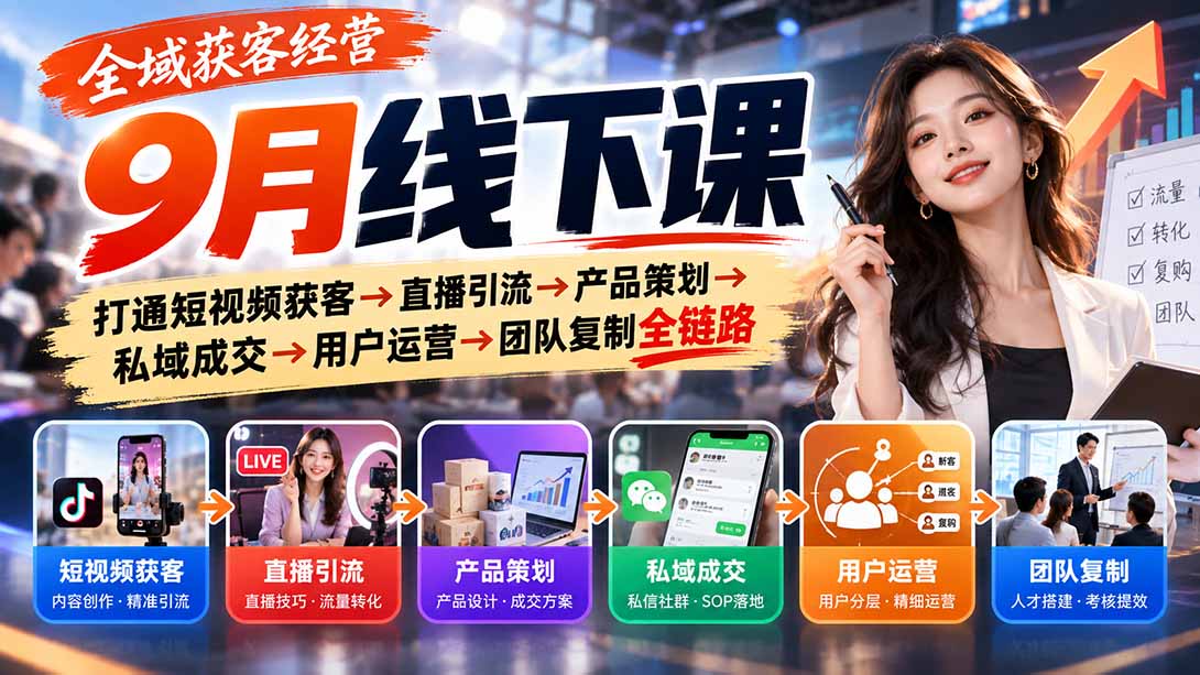 (20777期)全域获客经营9月线下课:打通短视频获客→直播引流→产品策划→私域成交→用户运营→团队复制全链路-网赚副业网