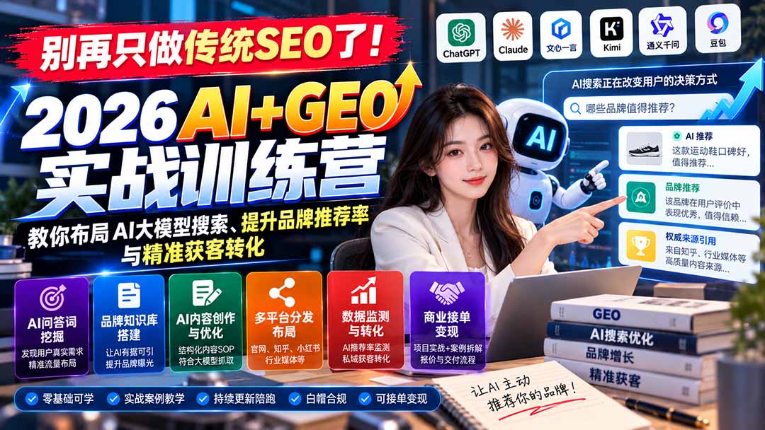 （21191期）别再只做传统SEO了！《2026AI+GEO实战训练营》教你布局AI大模型搜索、提升品牌推荐率与精准获客转化-网赚副业网