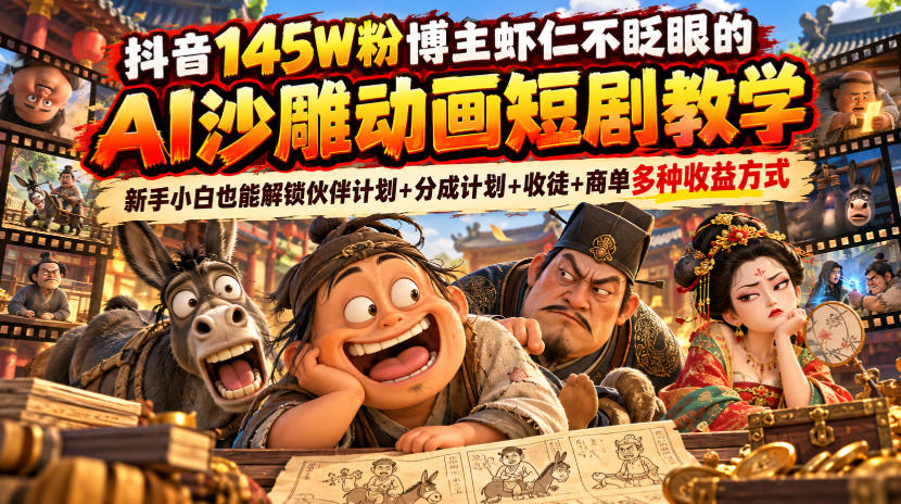 抖音145W粉博主虾仁不眨眼的AI沙雕动画短剧教学,新手小白也能解锁伙伴计划+分成计划+收徒+商单多种收益方式-网赚副业网
