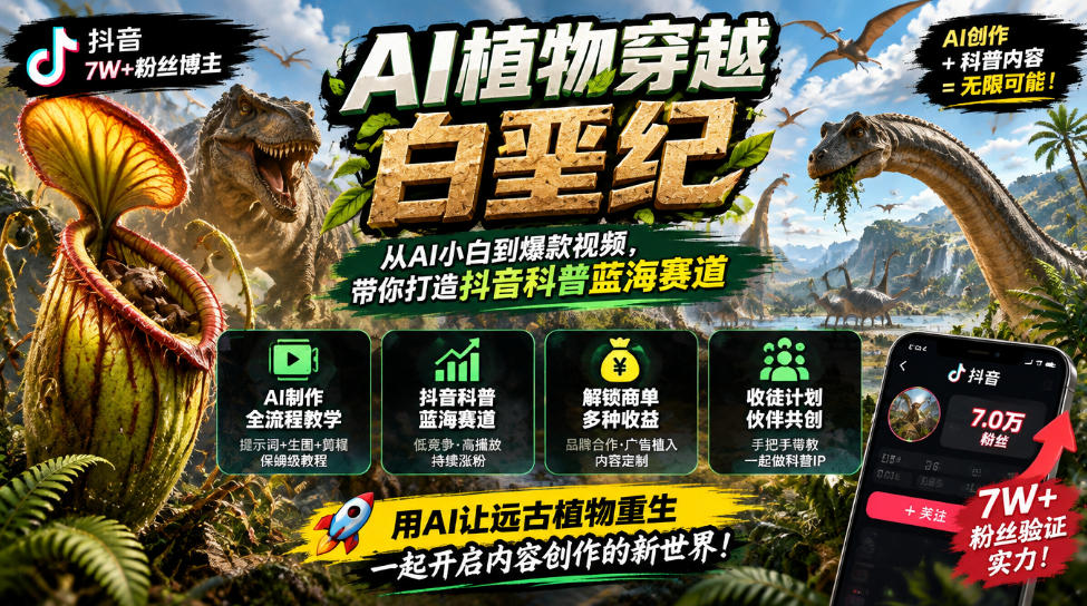 抖音7W粉丝博主的AI植物穿越白垩纪教学,抖音科普蓝海赛道,解锁商单收徒伙伴计划等多种收益-网赚副业网