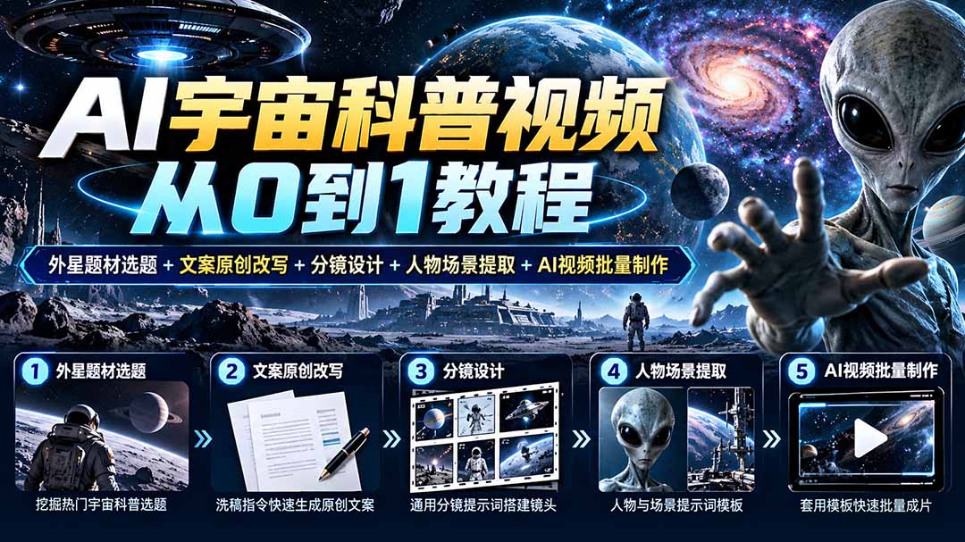 (20774期)AI宇宙科普视频从0到1教程|外星题材选题+文案原创改写+分镜设计+人物场景提取+AI视频批量制作插图1 (20774期)AI宇宙科普视频从0到1教程|外星题材选题+文案原创改写+分镜设计+人物场景提取+AI视频批量制作插图1