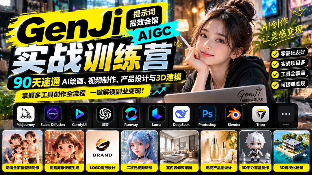 （21192期）GenJi AIGC实战训练营：90天速通AI绘画、视频制作、产品设计与3D建模，掌握多工具创作全流程-网赚副业网