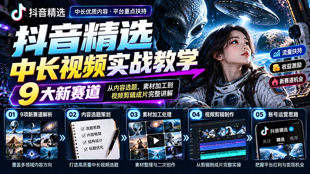 (20775期)抖音精选中长视频实战教学:拆解9项细分赛道,从内容选题、素材加工到视频剪辑成片完整讲解-网赚副业网