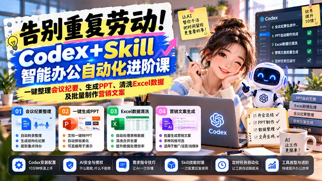 (21001期)告别重复劳动!Codex+Skill智能办公自动化进阶课:一键整理会议纪要、生成PPT、清洗Excel数据及批量制作营销文案-网赚副业网