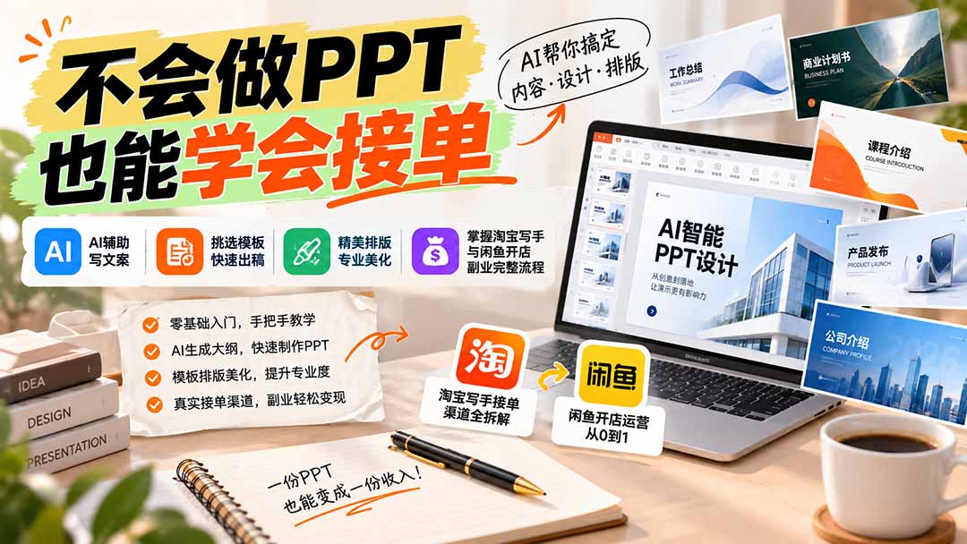 （20945期）不会做PPT也能学会接单：AI辅助写文案、挑模板、做排版，掌握淘宝写手与闲鱼开店副业完整流程-网赚副业网
