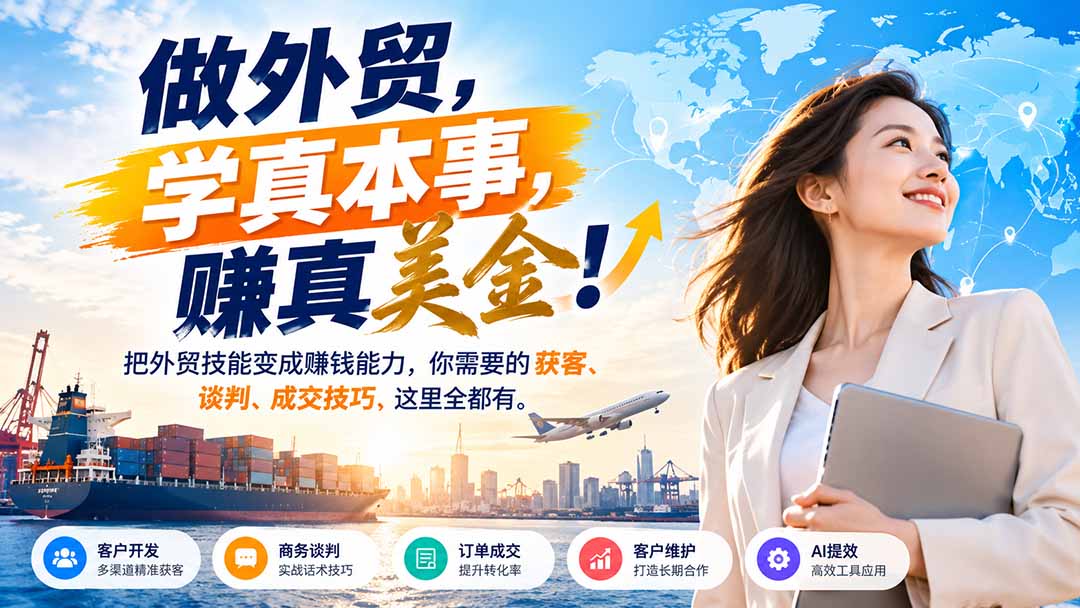 （21106期）做外贸，学真本事，赚真美金！把外贸技能变成赚钱能力，你需要的获客、谈判、成交技巧，这里全都有-网赚副业网