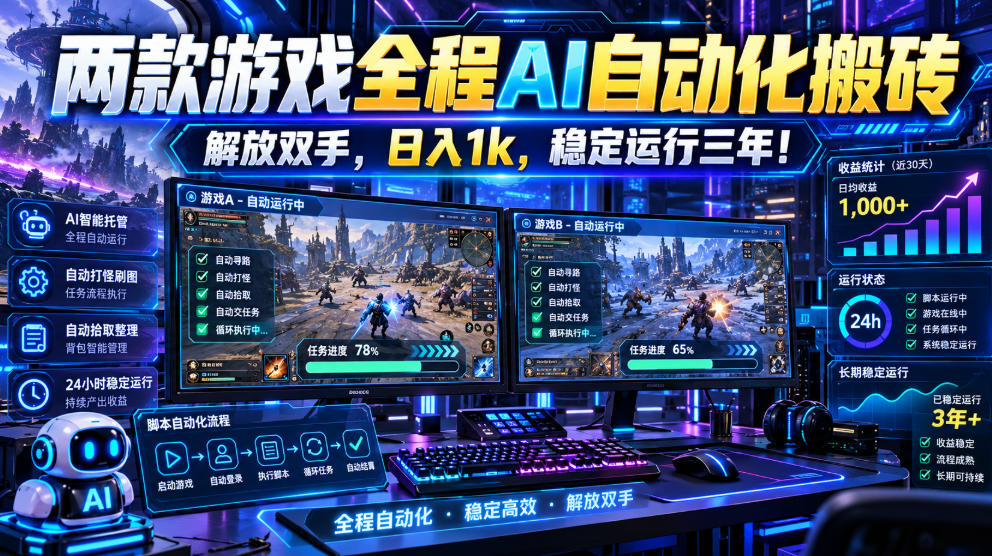 (21236期)两款游戏全程AI自动化搬砖,解放双手,日入1k,稳定运行三年!-网赚副业网