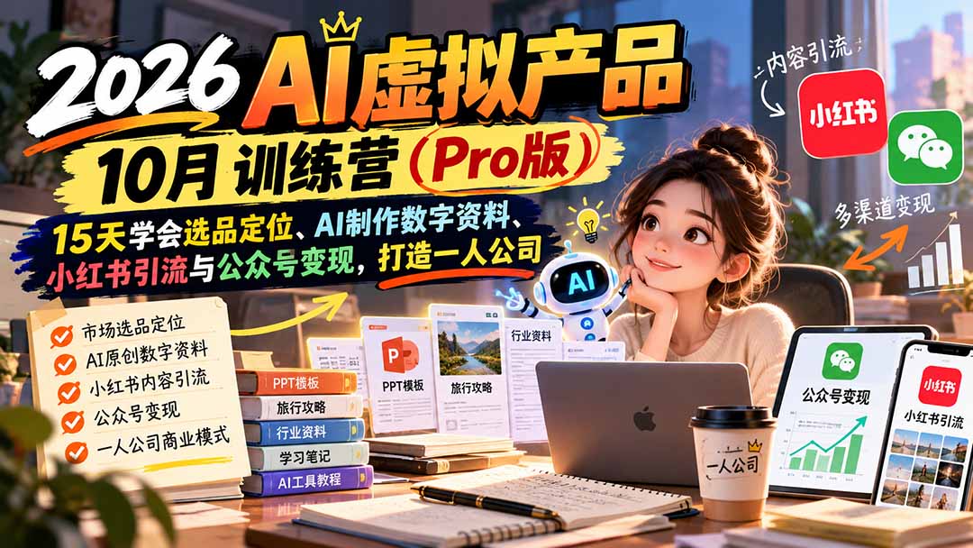 (21054期)2026AI虚拟产品10月训练营(Pro版):15天学会选品定位、AI制作数字资料、小红书引流与公众号变现,打造一人公司-网赚副业网