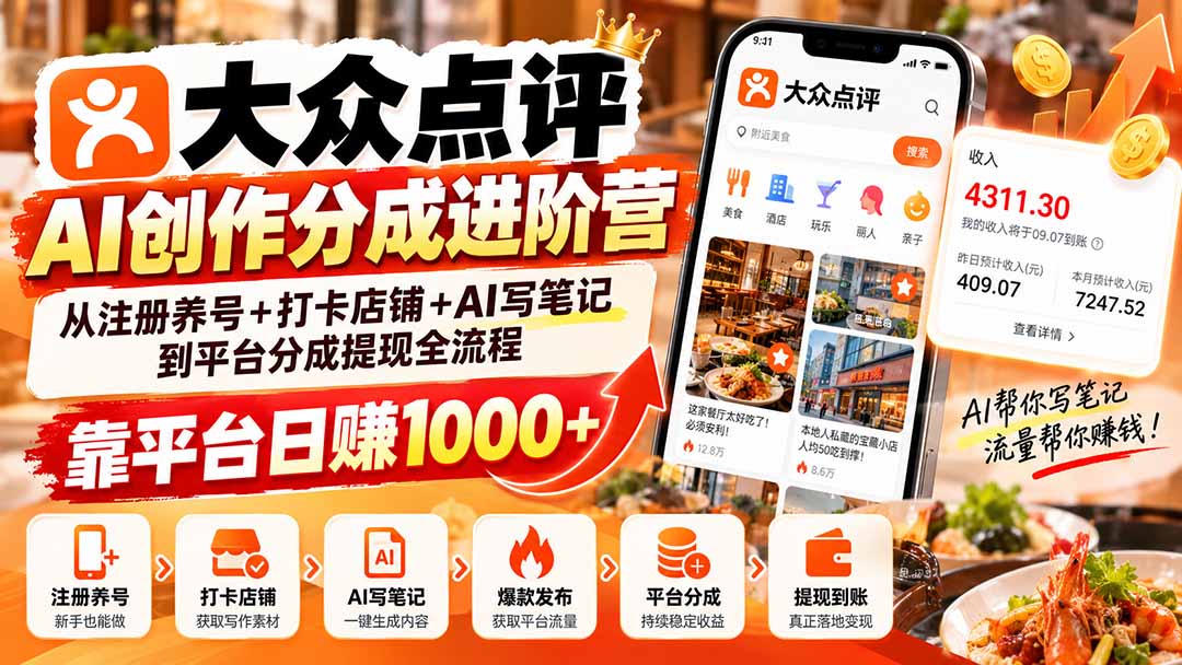 （20759期）大众点评AI创作分成进阶营：从注册养号+打卡店铺+AI写笔记到平台分成提现全流程，靠平台日赚1000+插图1