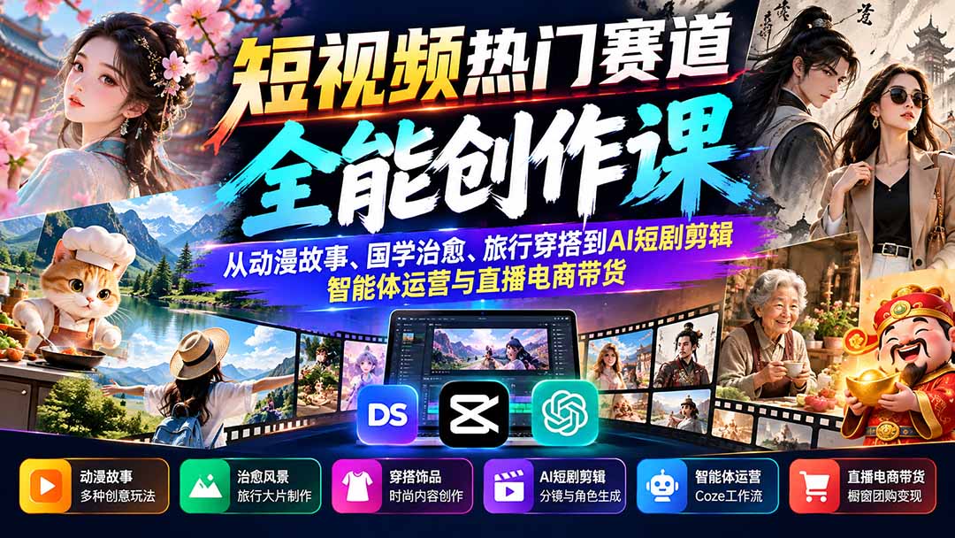 (20956期)短视频热门赛道全能创作课:从动漫故事、国学治愈、旅行穿搭到AI短剧剪辑、智能体运营与直播电商带货-网赚副业网