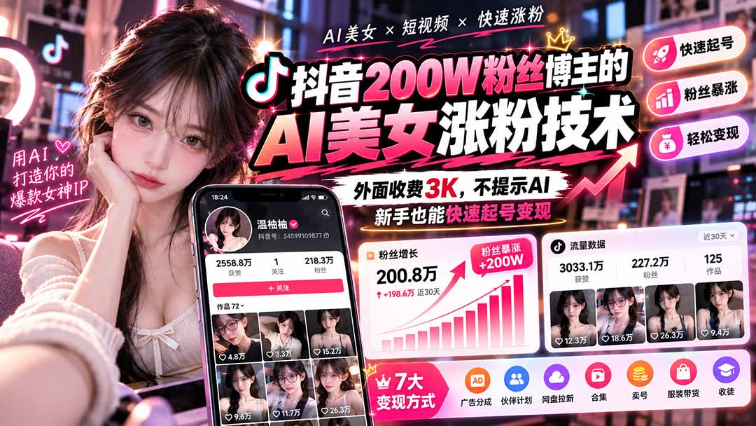 (21106期)抖音200W粉丝博主的AI美女涨粉技术,外面收费3K,不提示AI,新手也能快速起号变现-网赚副业网