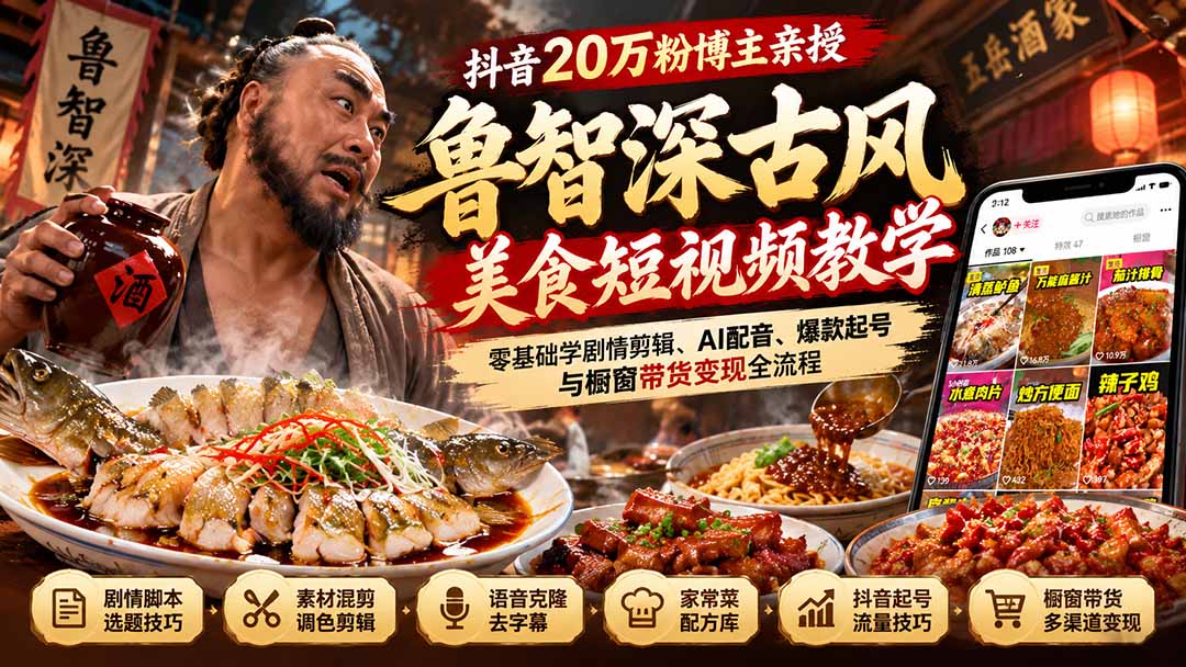 (21285期)抖音20万粉博主亲授鲁智深古风美食玩法:零基础学剧情剪辑、AI配音、爆款起号与橱窗带货变现全流程-网赚副业网