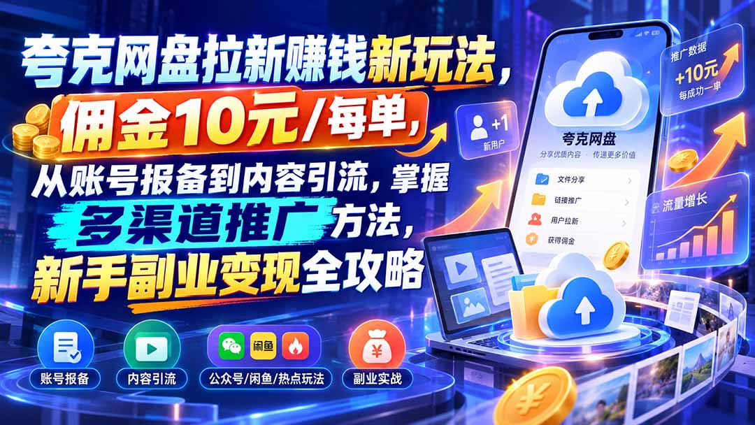 (21108期)夸克网盘拉新赚钱新玩法,佣金10元/每单,从账号报备到内容引流,掌握多渠道推广方法,新手副业变现全攻略-网赚副业网