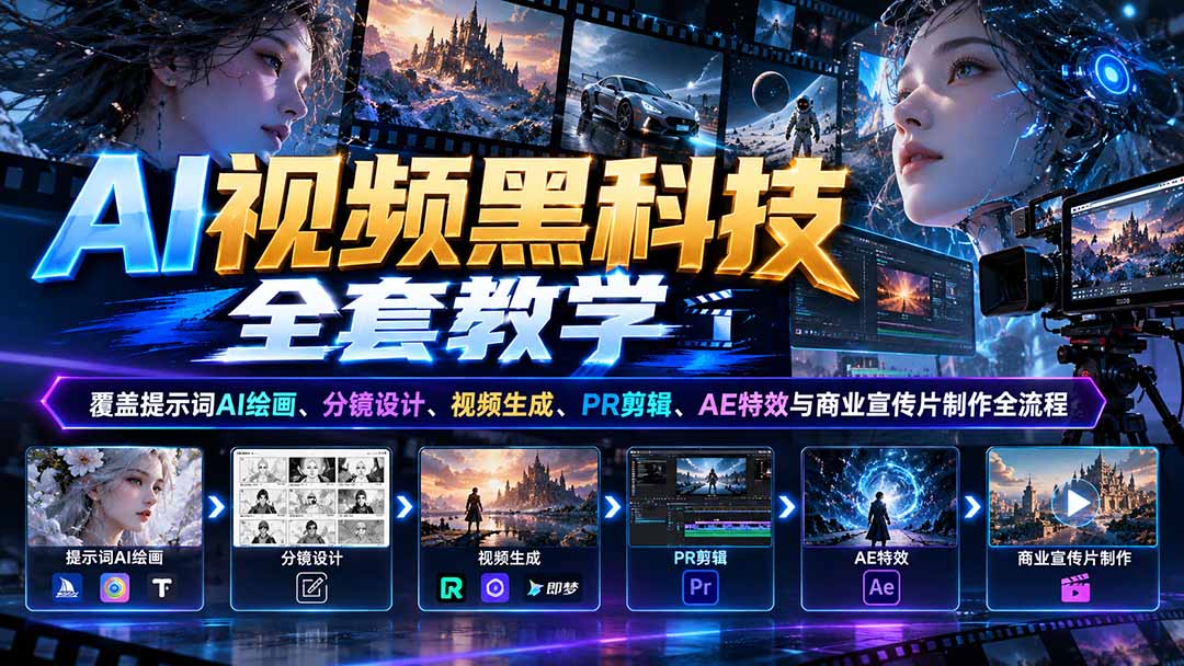 (21095期)AI视频黑科技全套教学:覆盖提示词AI绘画、分镜设计、视频生成、PR剪辑、AE特效与商业宣传片制作全流程-网赚副业网