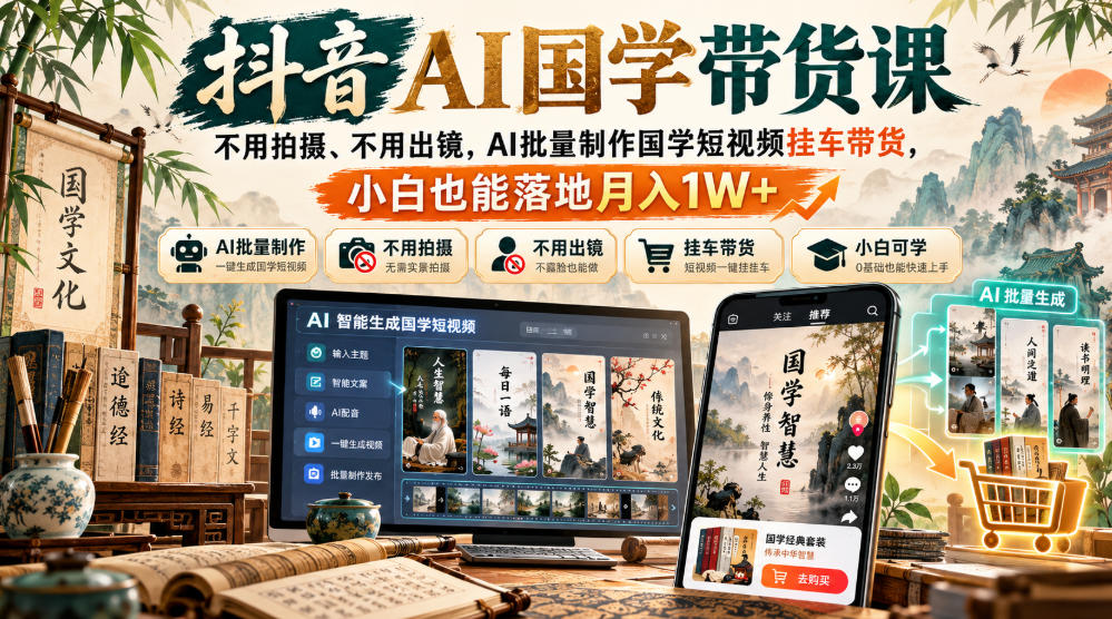 抖音AI国学带货课，不用拍摄、不用出镜，AI批量制作国学短视频挂车带货，小白也能落地月入1W+-网赚副业网