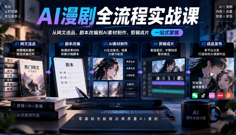 AI漫剧全流程实战课,覆盖从网文选品、剧本改编到AI素材制作、剪辑成片的完整链路-网赚副业网