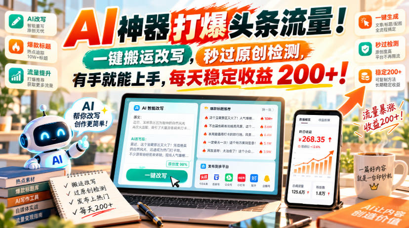 AI神器打爆头条流量,一键搬运改写,秒过原创检测,有手就能上手,每天稳定收益200+!【揭秘】-网赚副业网