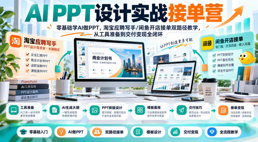 AI PPT设计实战接单营|零基础学AI做PPT,淘宝应聘写手/闲鱼开店接单双路径教学,从工具准备到交付变现全闭环-网赚副业网