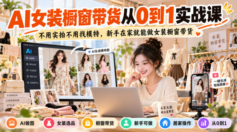 AI女装橱窗带货从0到1实战课,不用实拍不用找模特,新手在家就能做女装橱窗带货-网赚副业网