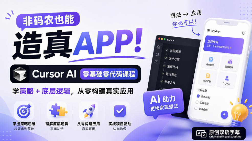 非码农也能造真APP!Cursor AI零基础零代码课程:学策略+底层逻辑,从零构建真实应用【原创双语字幕】-网赚副业网