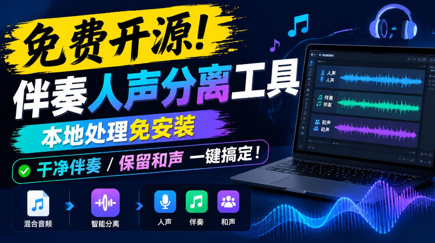 免费开源!伴奏人声分离工具,本地处理免安装,干净伴奏,保留和声一键搞定!-网赚副业网