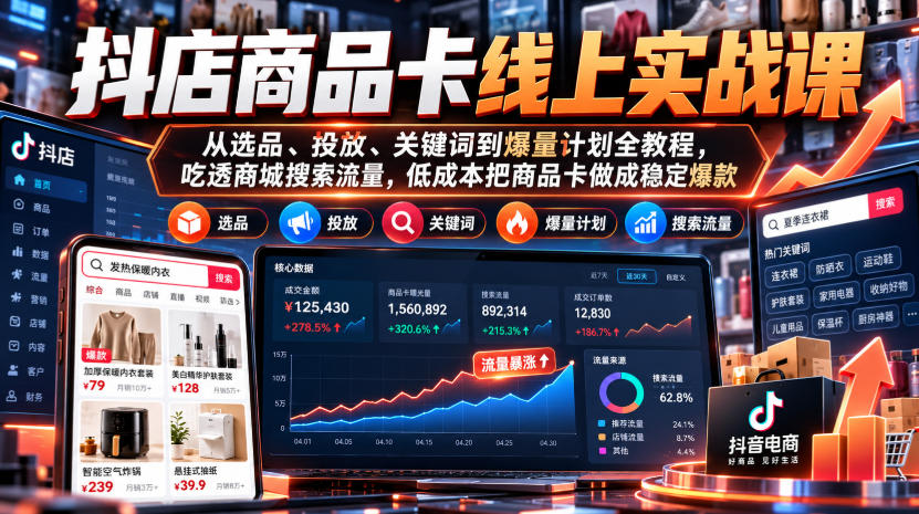 抖店商品卡线上实战课|从选品、投放、关键词到爆量计划全教程,吃透商城搜索流量,低成本把商品卡做成稳定爆款-网赚副业网