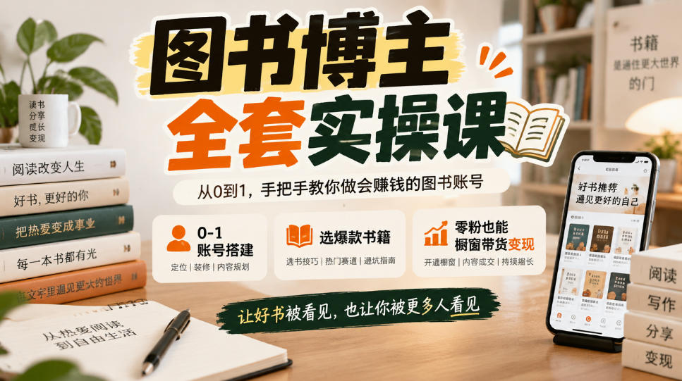 图书博主全套实操课,0‑1账号搭建,选爆款书籍,零粉也能橱窗带货变现-网赚副业网
