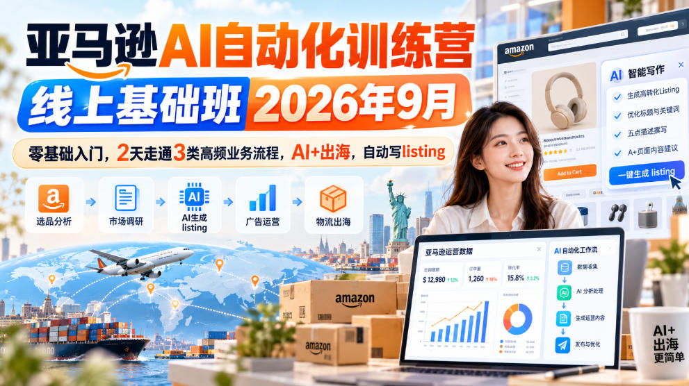 亚马逊AI自动化训练营线上基础班2026年9月,零基础入门,2天走通3类高频业务流程,AI+出海,自动写listing-网赚副业网
