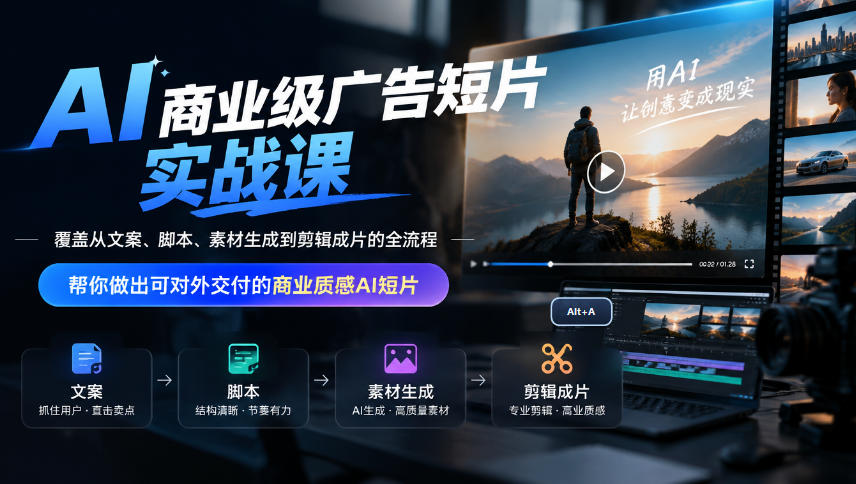 AI商业级广告短片实战课,覆盖从文案、脚本、素材生成到剪辑成片的全流程,帮你做出可对外交付的商业质感AI短片-网赚副业网