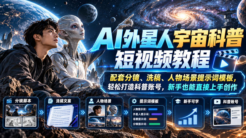 AI外星人宇宙科普短视频教程,配套分镜、洗稿、人物场景提示词模板,轻松打造科普账号,新手也能直接上手创作-网赚副业网