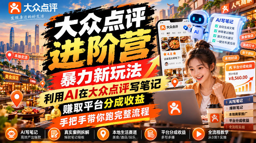 大众点评进阶营,暴力新玩法,利用AI在大众点评写笔记, 賺取平台分成收益,手把手带你跑完整流程-网赚副业网