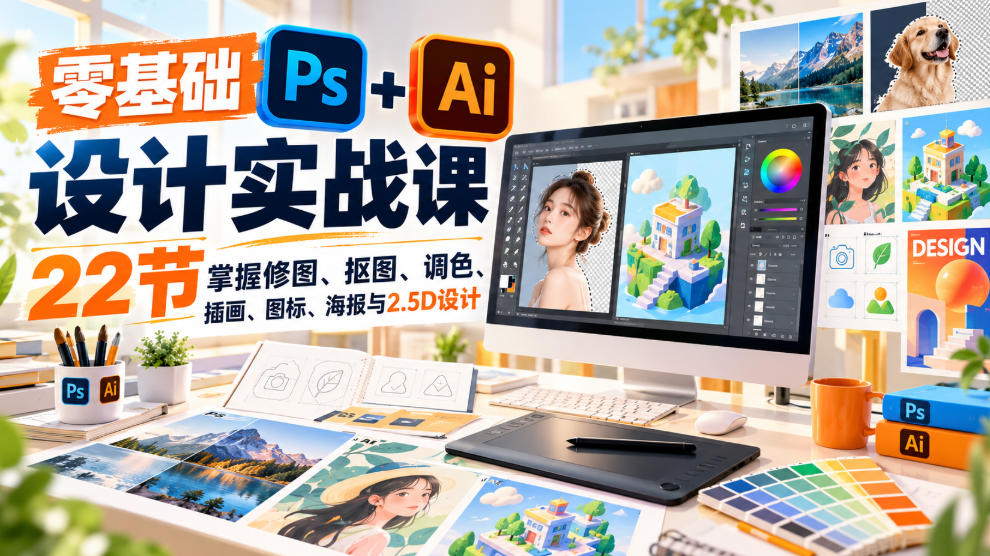 【无水印】零基础PS+AI设计实战课|22节掌握修图、抠图、调色、插画、图标、海报与2.5D设计-网赚副业网