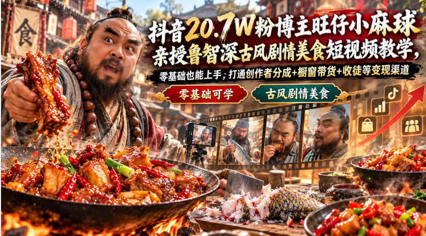 抖音20.7W粉博主旺仔小麻球亲授鲁智深古风剧情美食短视频教学,零基础也能上手,打通创作者分成+橱窗带货+收徒等变现渠道-网赚副业网
