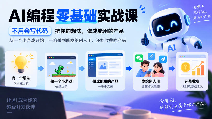AI编程零基础实战课,不用会写代码,把你的想法,做成能用的产品,从一个小游戏开始,一路做到能发给别人用、还能收费的产品-网赚副业网