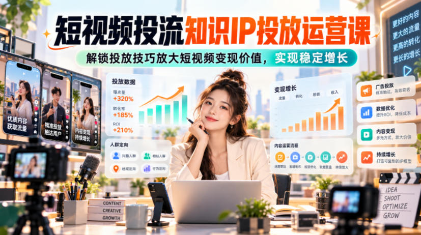短视频投流知识IP投放运营课,解锁投放技巧放大短视频变现价值,实现稳定增长-网赚副业网