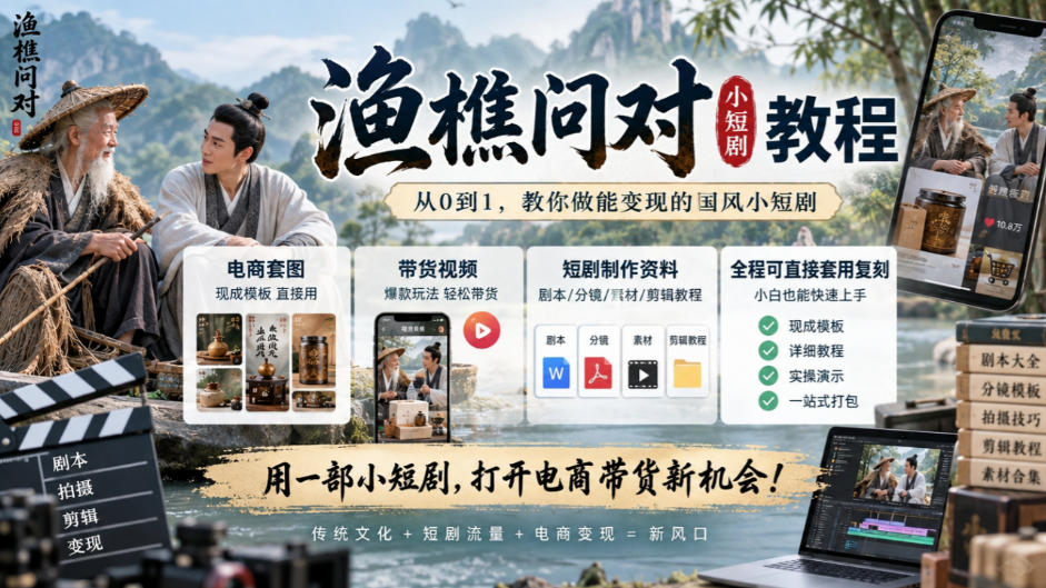 渔樵问对小短剧教程,包含电商套图、带货视频,短剧制作资料,全程可直接套用复刻-网赚副业网