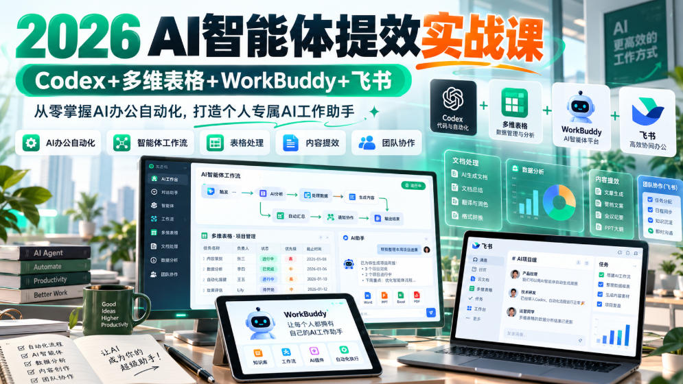 2026 AI智能体提效实战课:Codex+多维表格+WorkBuddy+飞书,从零掌握AI办公自动化,打造个人专属AI工作助手-网赚副业网