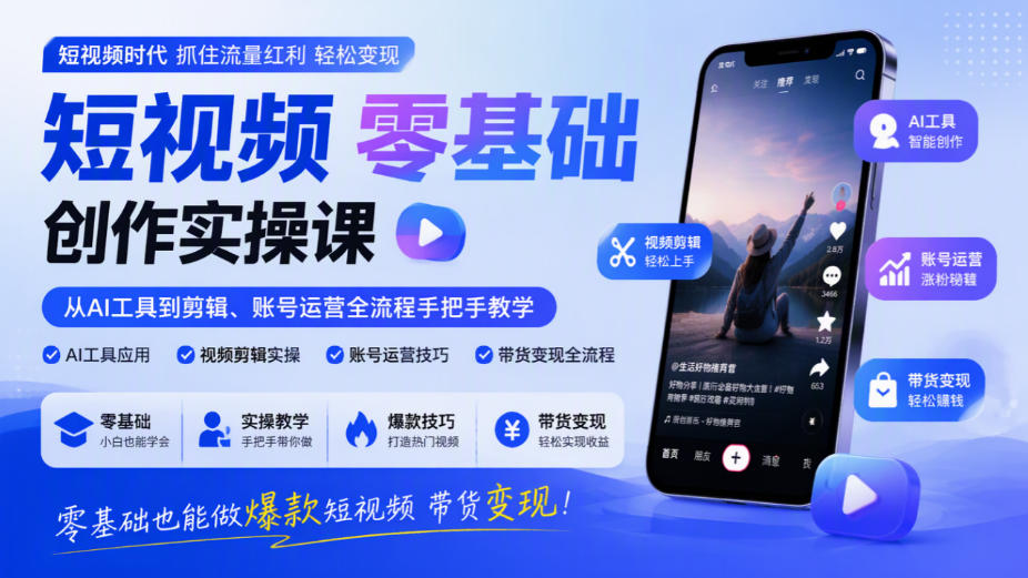 短视频零基础创作实操课,从AI工具到剪辑、账号运营全流程手把手教学,零基础也能做爆款短视频带货变现-网赚副业网