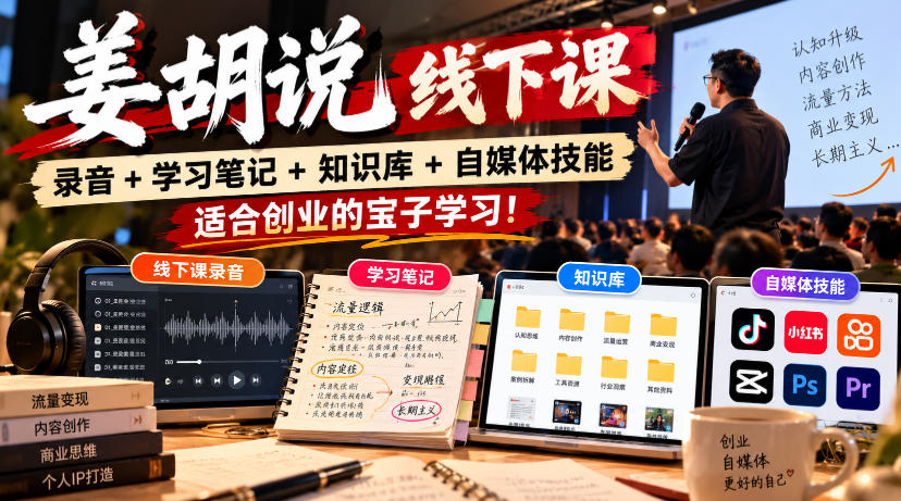 姜胡说线下课录音+学习笔记+知识库+自媒体技能,适合创业的宝子学习!-网赚副业网