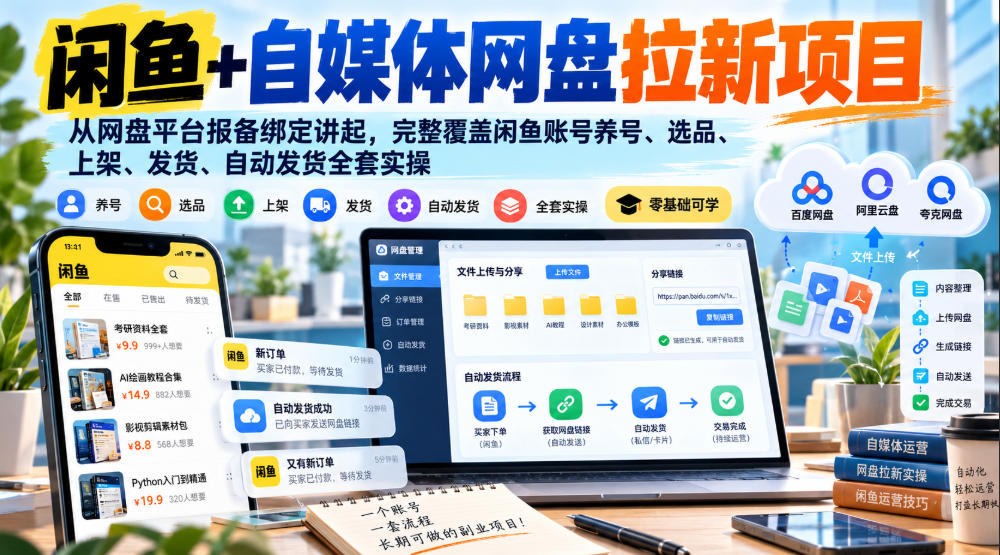 闲鱼+自媒体网盘拉新项目,从网盘平台报备绑定讲起,完整覆盖闲鱼账号养号、选品、上架、发货、自动发货全套实操-网赚副业网