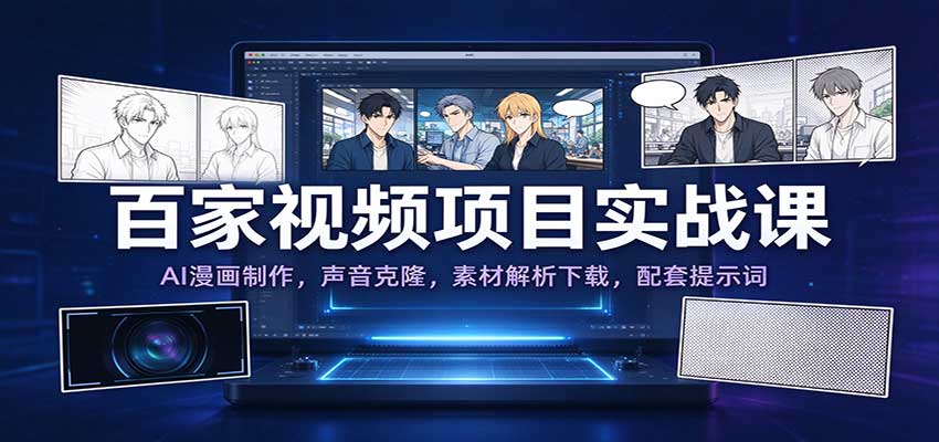 百家视频项目实战课:AI漫画制作,声音克隆,素材解析下载,配套提示词-网赚副业网