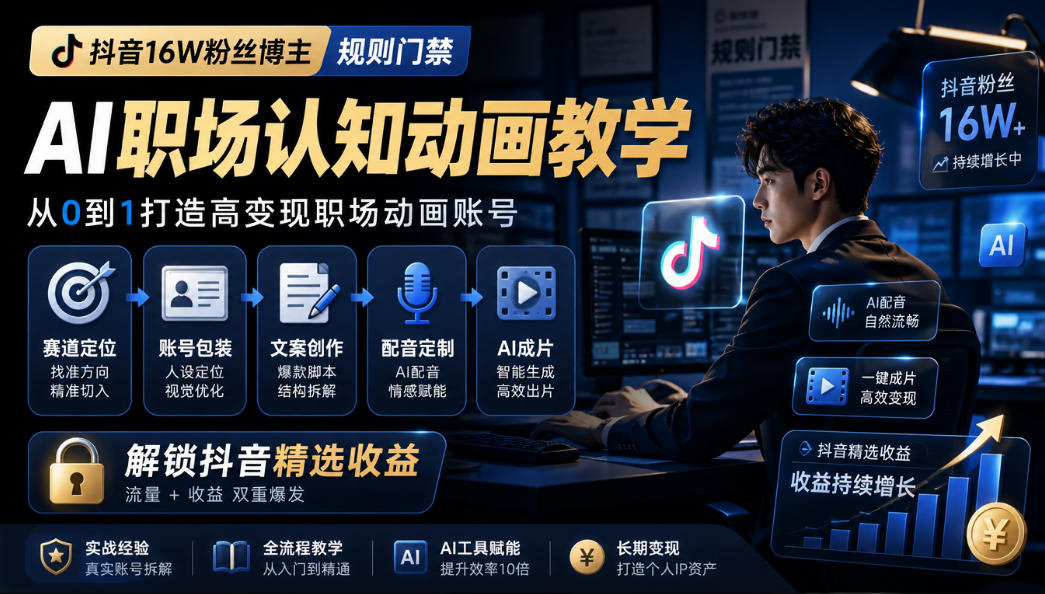 抖音16W粉丝博主规则门禁的AI职场认知动画教学，从赛道定位、账号包装，到文案创作、配音定制、AI成片，解锁抖音精选收益-网赚副业网