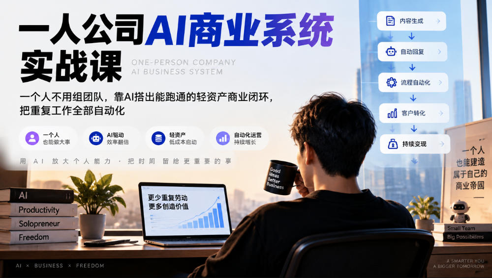 一人公司AI商业系统实战课，一个人不用组团队，靠AI搭出能跑通的轻资产商业闭环，把重复工作全部自动化-网赚副业网