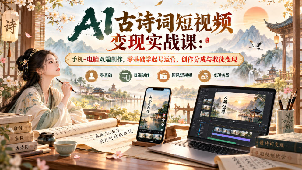AI古诗词短视频变现实战课：手机+电脑双端制作，零基础学起号运营、创作分成与收徒变现-网赚副业网