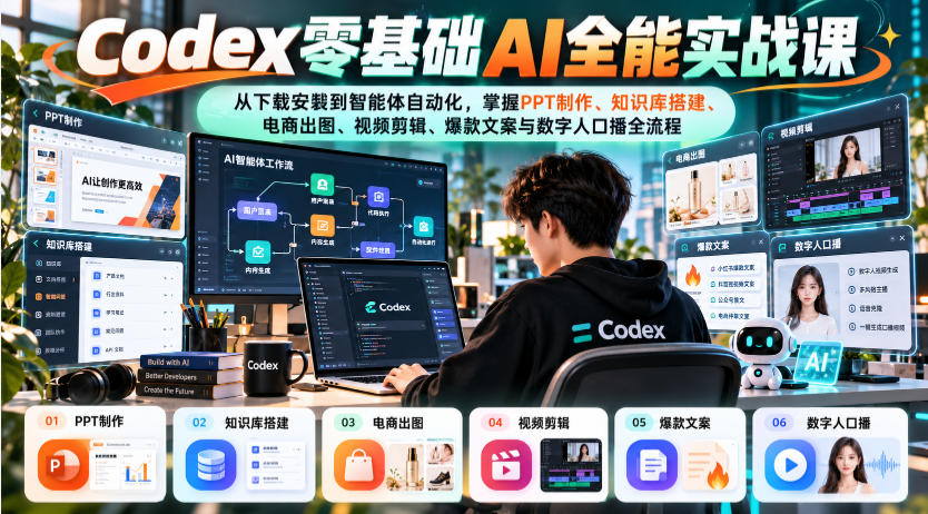 Codex零基础AI全能实战课：从下载安装到智能体自动化，掌握知识库搭建、电商出图、视频剪辑、爆款文案与数字人口播全流程-网赚副业网