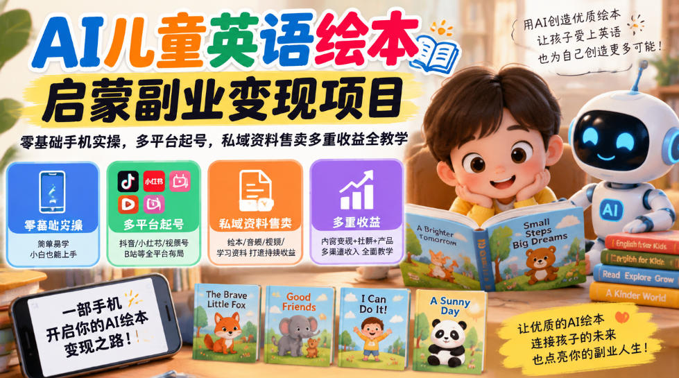 AI儿童英语绘本启蒙副业变现项目,零基础手机实操,多平台起号,私域资料售卖多重收益全教学-网赚副业网