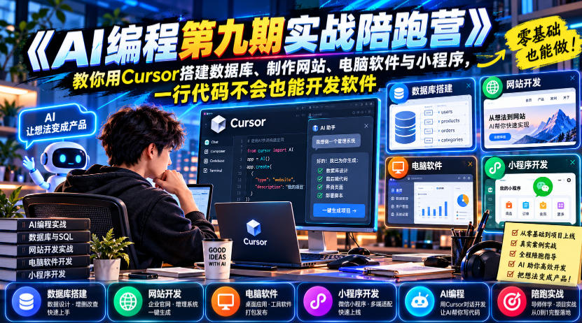 【无水印】《AI编程第九期实战陪跑营》教你用Cursor搭建数据库、制作网站、电脑软件与小程序，一行代码不会也能开发软件-网赚副业网