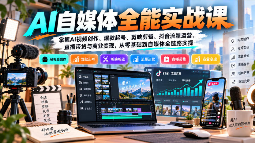 【无水印】AI自媒体全能实战课,掌握AI视频创作、爆款起号、剪映剪辑、抖音流量运营、直播带货与商业变现,从零基础到自媒体全链路实操-网赚副业网