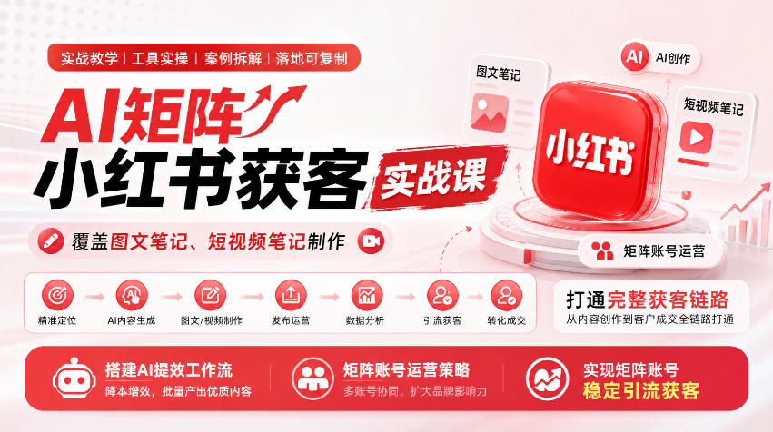 AI矩阵小红书获客实战课,覆盖图文笔记、短视频笔记制作,打通完整获客链路,搭建AI提效工作流,实现矩阵账号稳定引流获客-网赚副业网